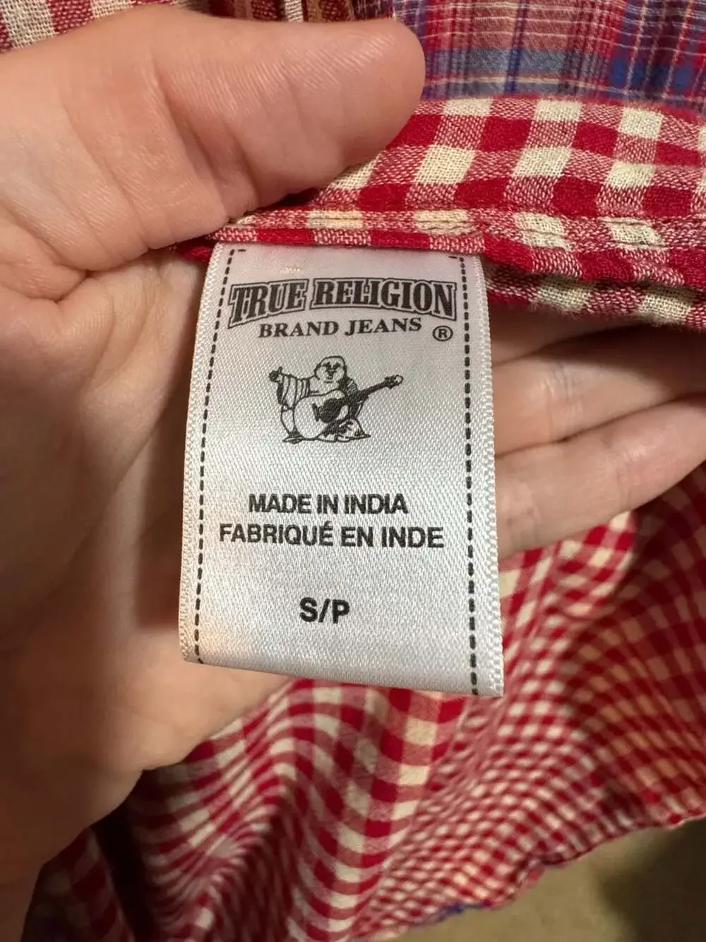 True Religion Plaid Button Up Shirt Men’s Small Red Blue Cotton